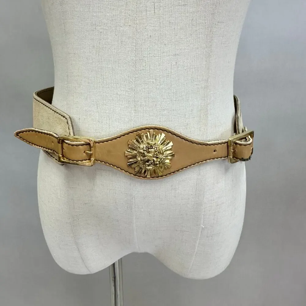 Vintage Suede Leather Waist Belt w/ Gold‎ Lion Medallion Statement Size Large